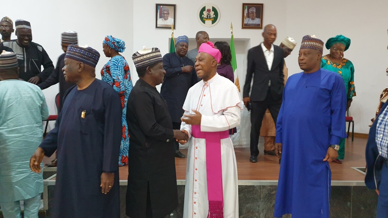 Msgr. Obiora Ike with Gov. Simon Lalong at Government House in Jos, Plateau State